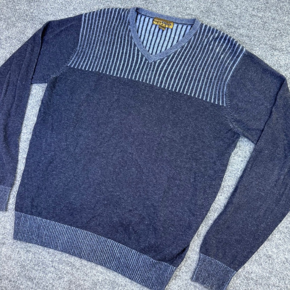 Pronto Uomo Blue Mens V-Neck Sweater Pullover Blue Striped Knit Cotton Blend LG